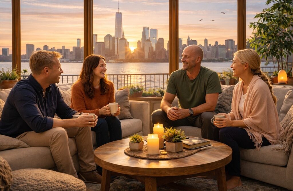 Four adults engaged in a holistic group therapy session, sitting in a cozy, calming space with candles and plants, overlooking a city skyline at sunset.
