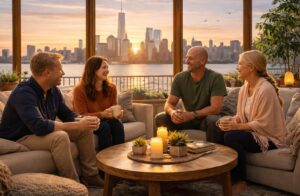 Four adults engaged in a holistic group therapy session, sitting in a cozy, calming space with candles and plants, overlooking a city skyline at sunset.