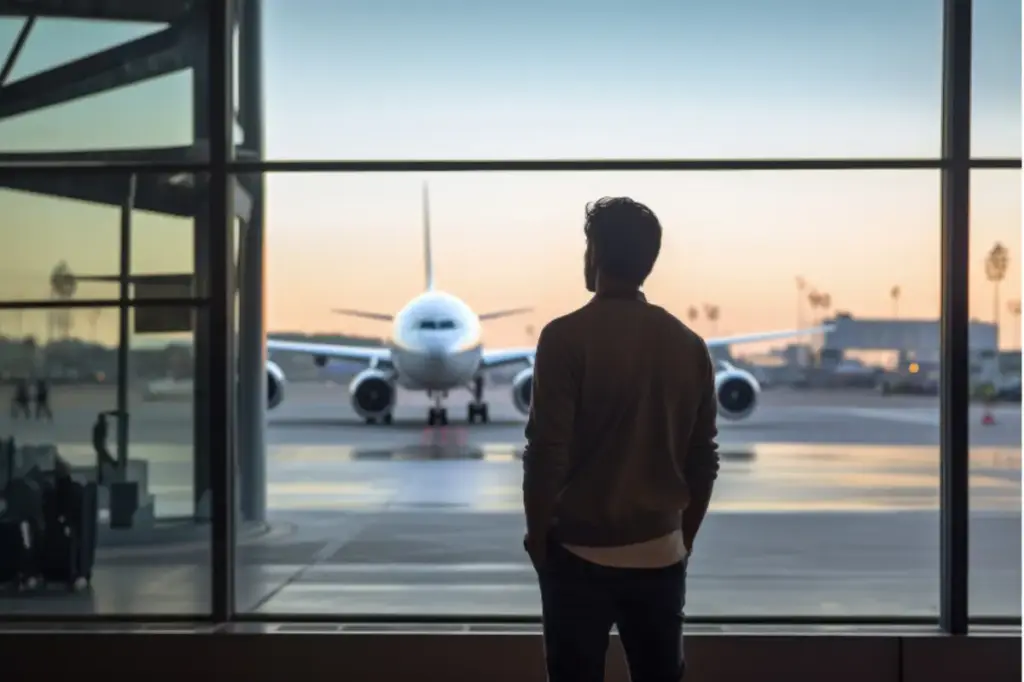 Young man traveling comfortably by airplane with luxury travel assistance for addiction treatment