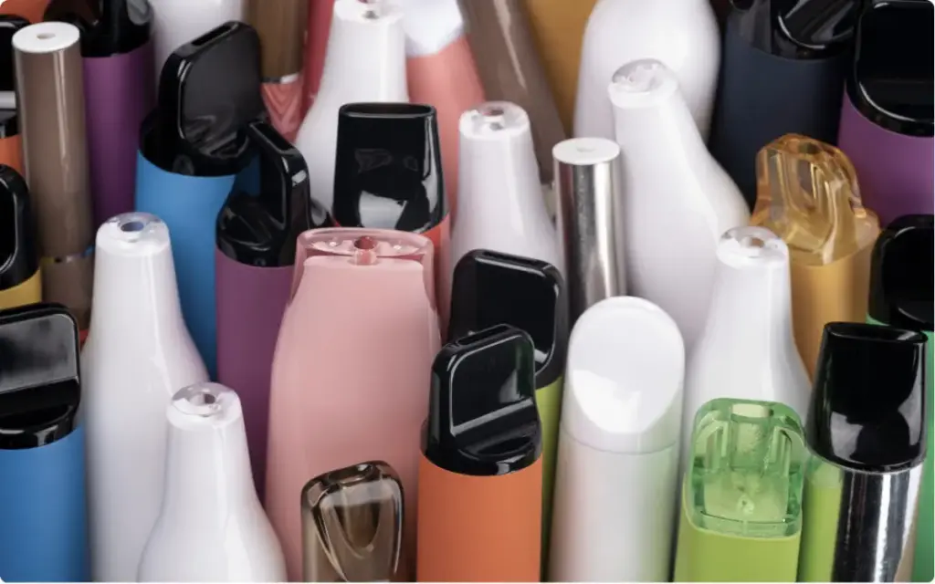 Assorted colorful vape devices and cartridges, representing designer drug use and the need for specialized addiction treatment.