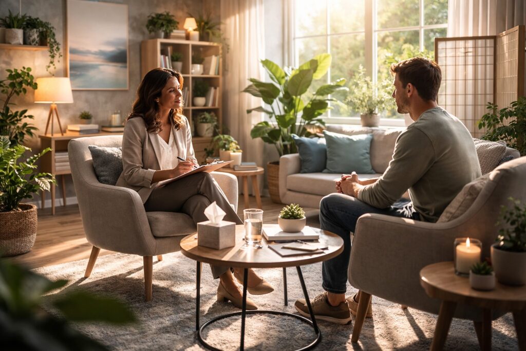 Compassionate therapist supporting a patient during an intensive high-acuity mental health treatment session in a calm, private clinical environment.