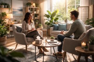 Compassionate therapist supporting a patient during an intensive high-acuity mental health treatment session in a calm, private clinical environment.