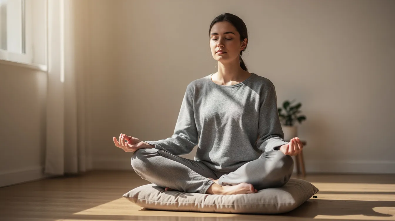 A person is sitting cross-legged on a cushion, practicing meditation with their eyes closed, embodying a moment of peace and self-awareness. This scene reflects the supportive environment often found in substance abuse group therapy, where individuals focus on their recovery journey and personal growth.