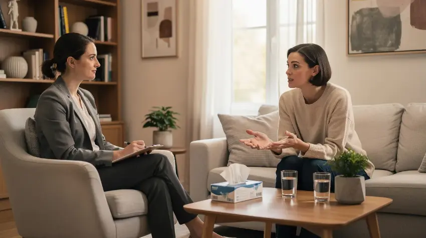 The image depicts a therapist and client engaged in a comfortable therapy session, fostering a supportive environment for discussing personalized relapse prevention plans and coping skills essential for managing substance use disorders. This setting emphasizes the importance of professional treatment and healthy communication in the recovery process.
