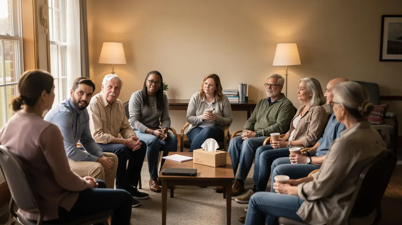 A diverse group of individuals sits in a circle during a support meeting at a local partial care program in NJ; sharing their experiences and discussing relapse prevention strategies for overcoming drug or alcohol addiction. The atmosphere is supportive, emphasizing the importance of coping skills and a strong support system in the recovery process.