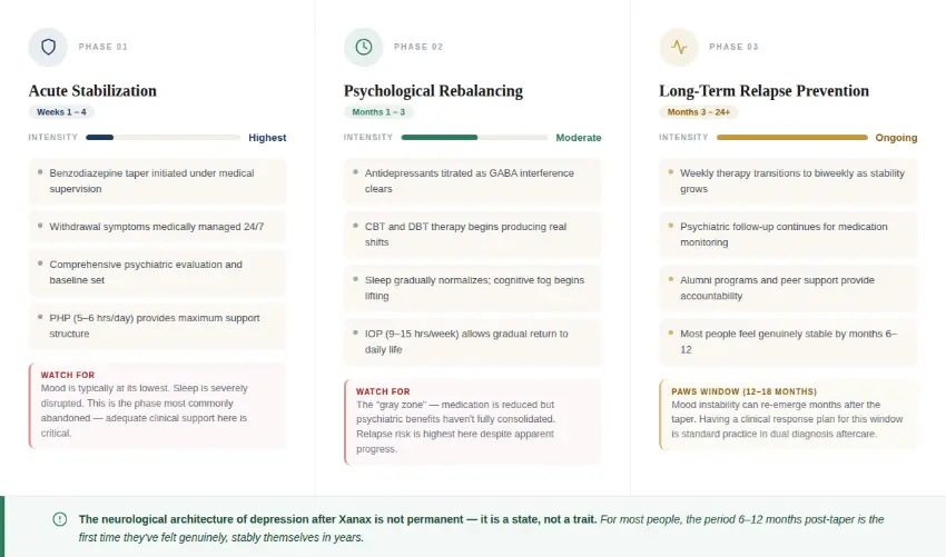 Three-phase Xanax recovery timeline showing acute stabilization, psychological rebalancing, and long-term relapse prevention with ongoing support.