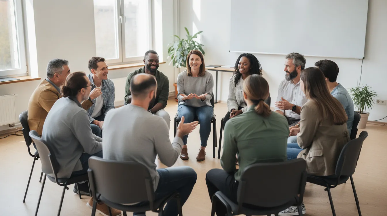 A diverse group of adults is seated in chairs arranged in a circle within a bright room, actively engaged in conversation as part of a substance abuse group therapy session. The supportive environment fosters open and honest communication among group members, enhancing their recovery journey and interpersonal skills.