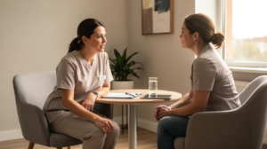 The image depicts a compassionate healthcare professional engaging in a conversation with a patient in a cozy clinical environment, emphasizing the importance of mental health services and addiction treatment. This supportive interaction highlights the role of mental health providers in addressing substance use disorders and promoting effective treatment options for individuals seeking recovery.
