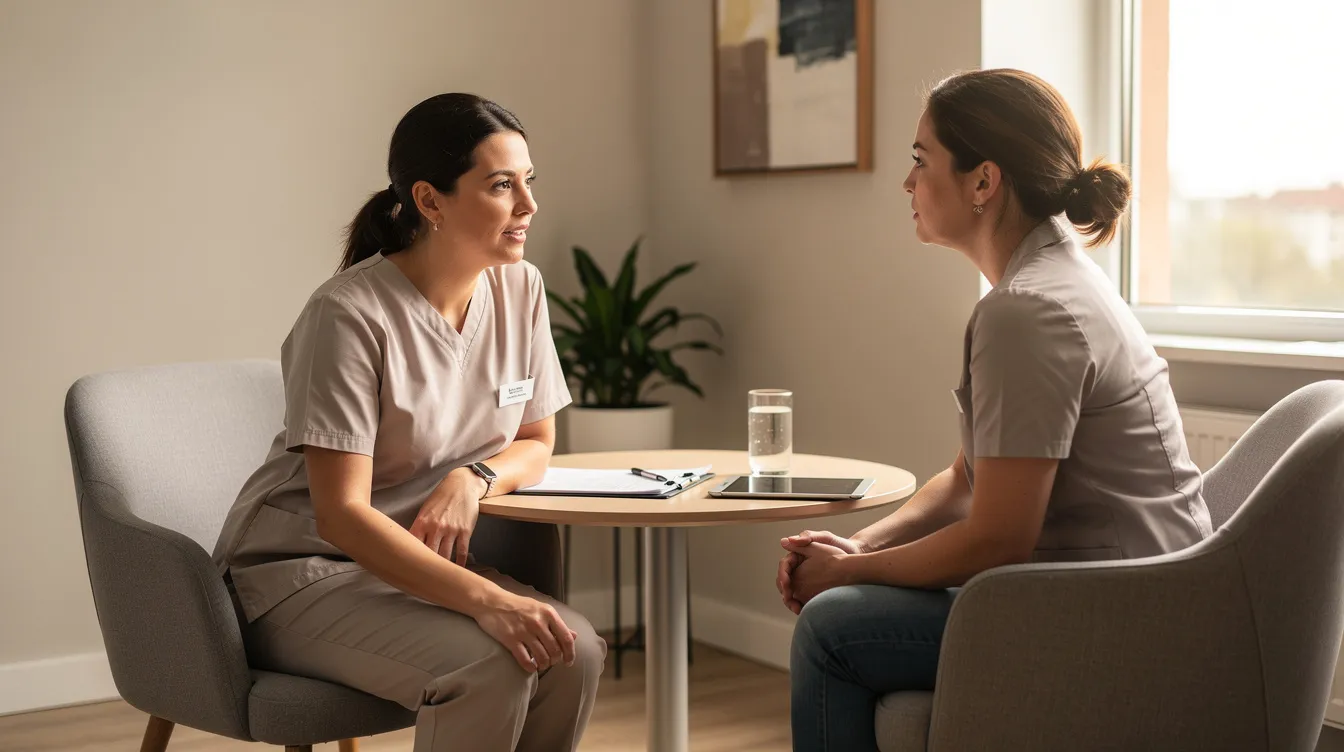 The image depicts a compassionate healthcare professional engaging in a conversation with a patient in a cozy clinical environment, emphasizing the importance of mental health services and addiction treatment. This supportive interaction highlights the role of mental health providers in addressing substance use disorders and promoting effective treatment options for individuals seeking recovery.