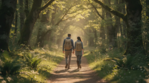 Two people are walking together along a forest path, surrounded by tall trees and greenery, symbolizing the support system essential in the recovery process. Their journey reflects the importance of emotional support and proactive steps to maintain sobriety and prevent relapse in the face of potential triggers.