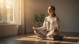 A person is meditating peacefully in the soft morning sunlight, surrounded by nature, embodying a sense of calm and emotional support. This serene moment highlights the importance of self-care and relaxation techniques in the recovery journey to prevent relapse and maintain sobriety.