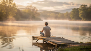 A person sits peacefully by a tranquil lake during the morning light, embodying a moment of serenity that contrasts with the challenges of the recovery process. This scene serves as a reminder of the importance of emotional support and self-care in maintaining sobriety and preventing relapse.