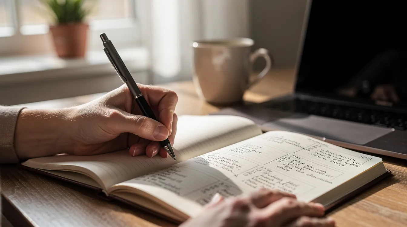A person sits at a desk, writing in a notebook or planner, possibly reflecting on their recovery journey or planning for upcoming substance abuse group topics and therapy sessions. The scene suggests a supportive environment where group members can enhance their communication skills and engage in personal growth as part of their addiction recovery process.
