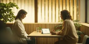 Two women discuss New Jersey drug treatment options at a table.